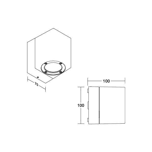 Technische Zeichnung einer Kastenleuchte mit Abmessungen: Breite 100 mm, Tiefe 100 mm, Höhe 70 mm. Draufsicht und Seitenansicht.