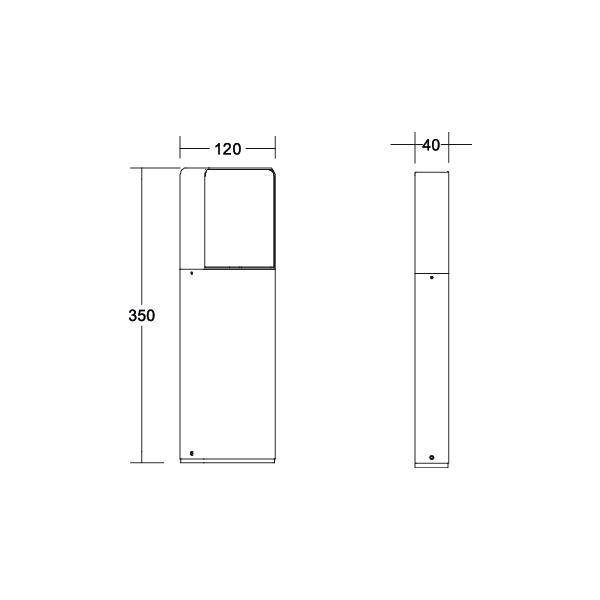 Seitenansicht und Frontalansicht eines rechteckigen Behälters mit den Maßen 350 mm Höhe, 120 mm Breite und 40 mm Tiefe.