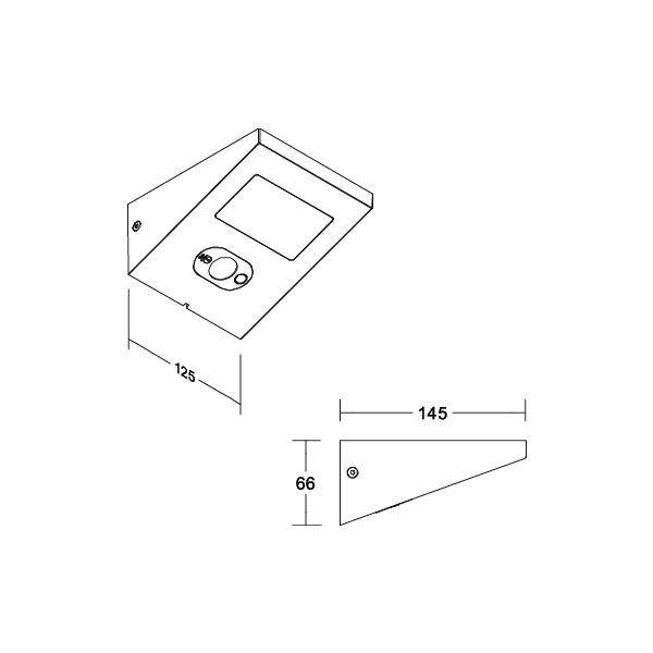 Technische Zeichnung einer dreieckigen Wandlampe mit LED-Leuchte und Bewegungssensor. Maße: 125mm, 145mm und 66mm.