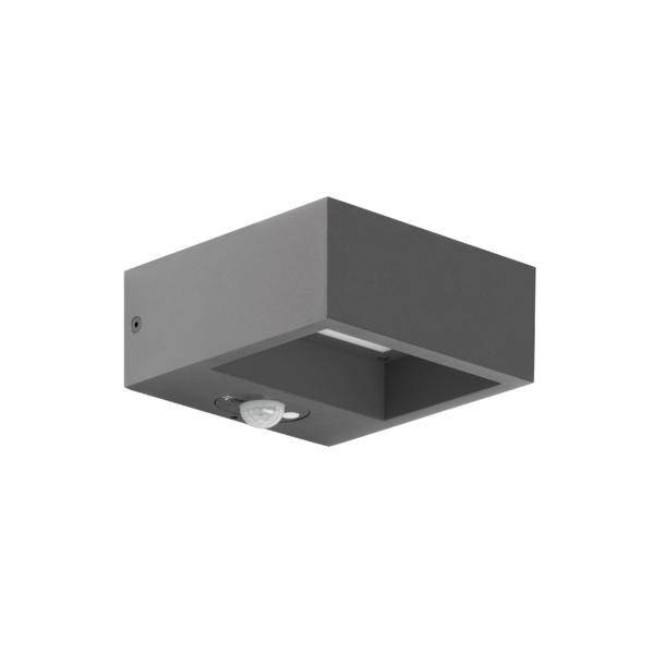 Graue, quadratische LED-Deckenleuchte mit abgerundetem Rand, geeignet für Innenbeleuchtung.