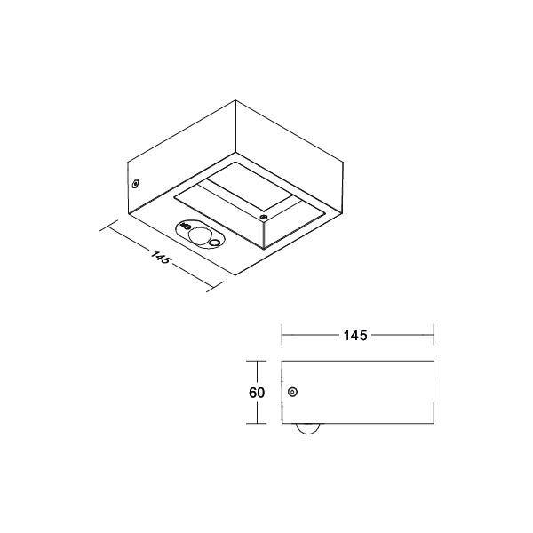 Isometrische Zeichnung einer Deckenlampe mit den Maßen 145x60 mm. Draufsicht und Seitenansicht zeigen die Position der Befestigungslöcher.