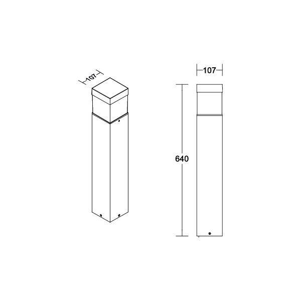 Technische Zeichnung einer quadratischen Säule mit Maßen: Höhe 640 mm, Breite und Tiefe je 107 mm. Zeigt Vorder- und Seitenansicht.