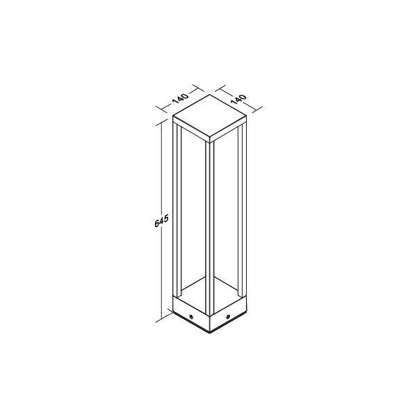 Ein quadratisches 3D-Diagramm zeigt die Maße eines offenen Rahmens: 140 mm Breite, 140 mm Tiefe und 645 mm Höhe.