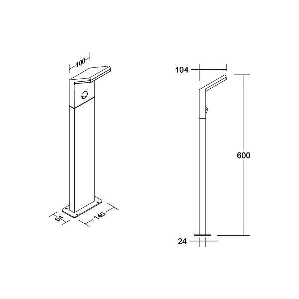 Skizze einer Beleuchtungsstele. Maße: Höhe 600 mm, Breite 104 mm, Tiefe 100 mm. Sockel 140 mm x 100 mm. 