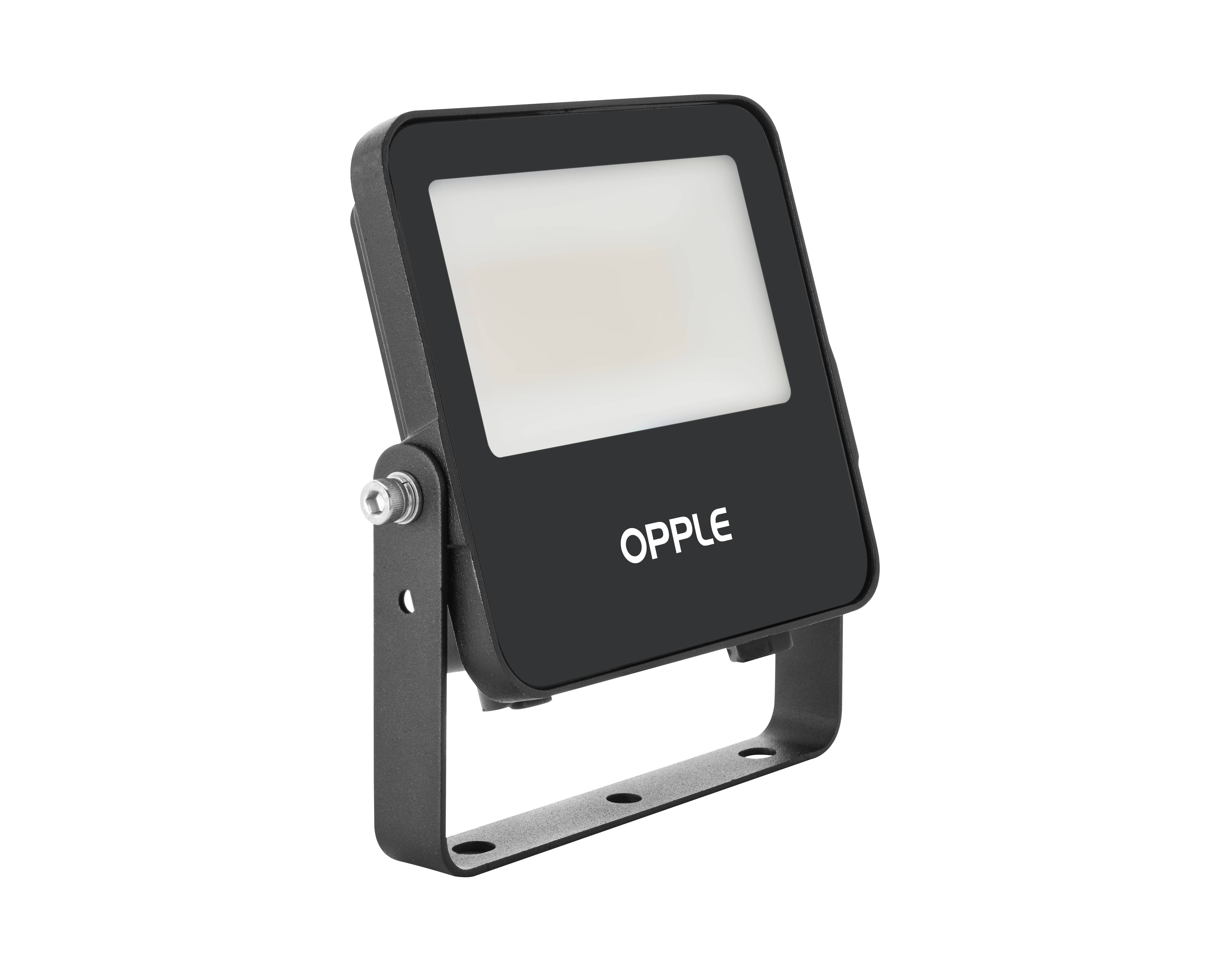 Ein schwarzer LED-Fluter mit weißem Lichtbereich und der Aufschrift 'OPPLE' auf der Vorderseite, montiert auf einem Metallhalter.