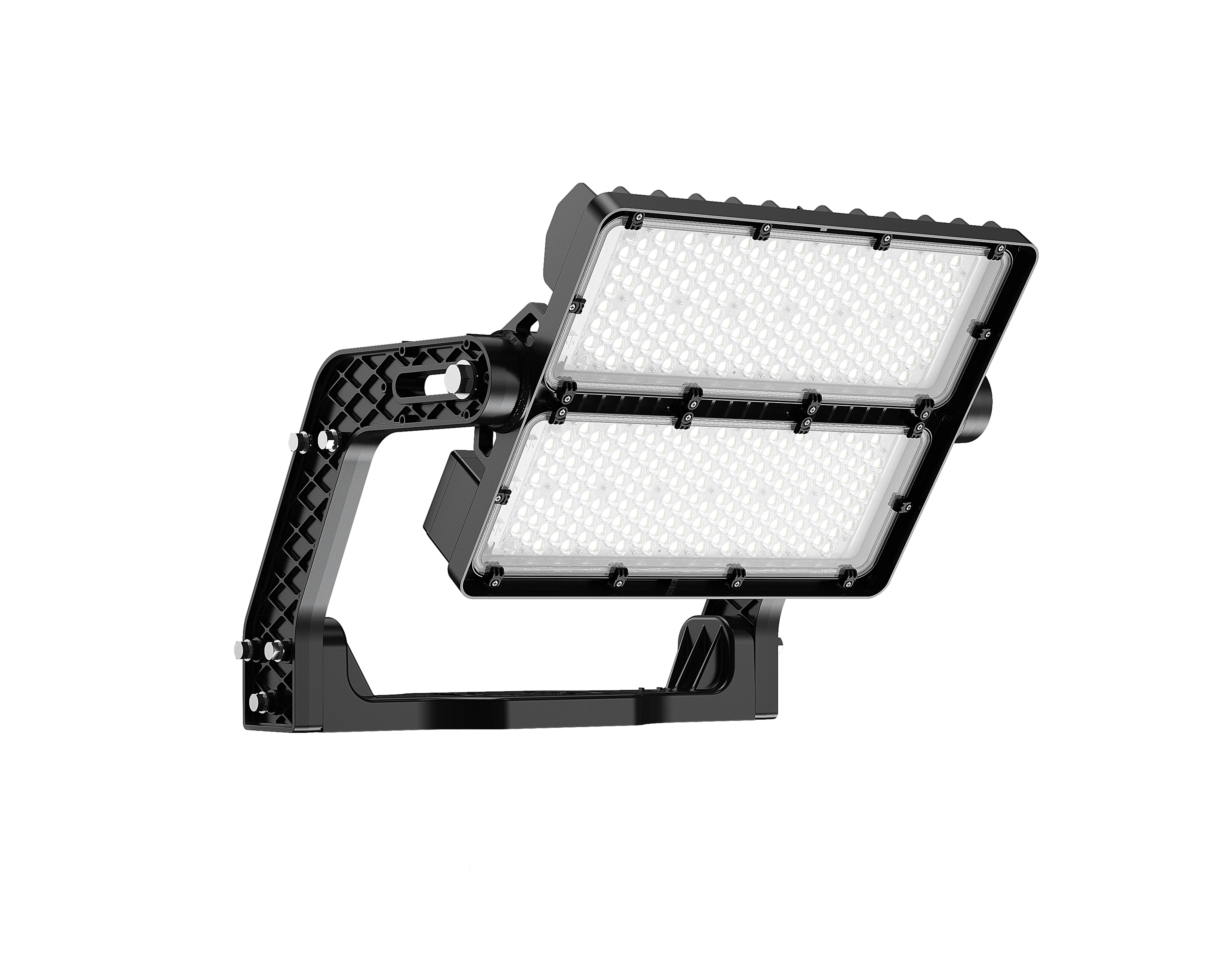 Flutlicht mit rechteckigem LED-Panel und robustem schwarzen Rahmen vor schwarzem Hintergrund. Geeignet für großflächige Ausleuchtung.
