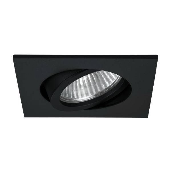 Ein schwenkbarer, quadratischer, schwarzer Deckenstrahler mit einem silberfarbenen, geriffelten Reflektor.
