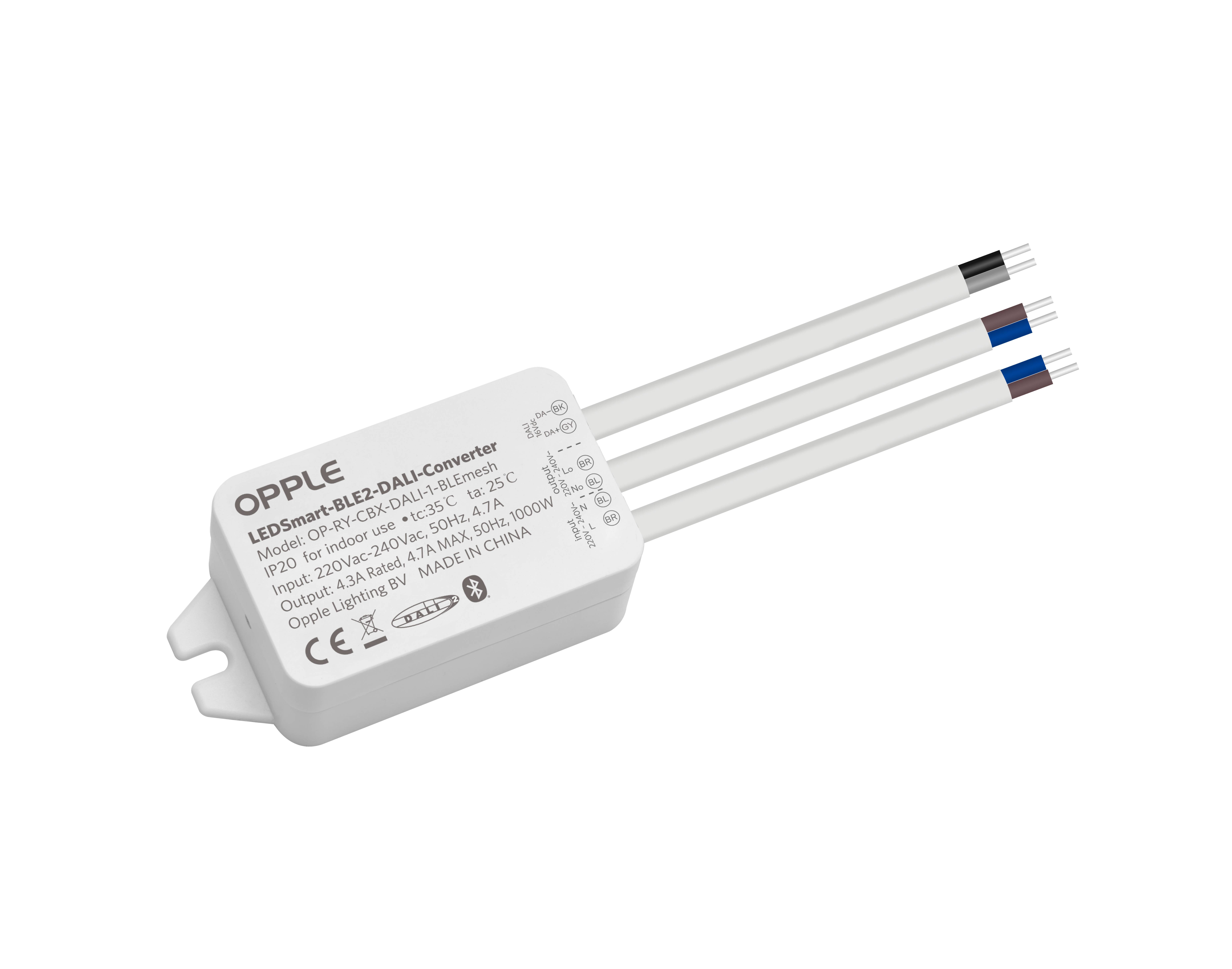 Weißer LED-Konverter der Marke OPPLE mit Modellnummer und technischen Spezifikationen. Drei Kabel zeigen rechts aus dem Gerät.