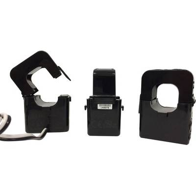 Drei schwarze Stromwandler in unterschiedlicher Perspektive. Links ein offener Wandler mit Kabel, in der Mitte und rechts geschlossene Wandler.