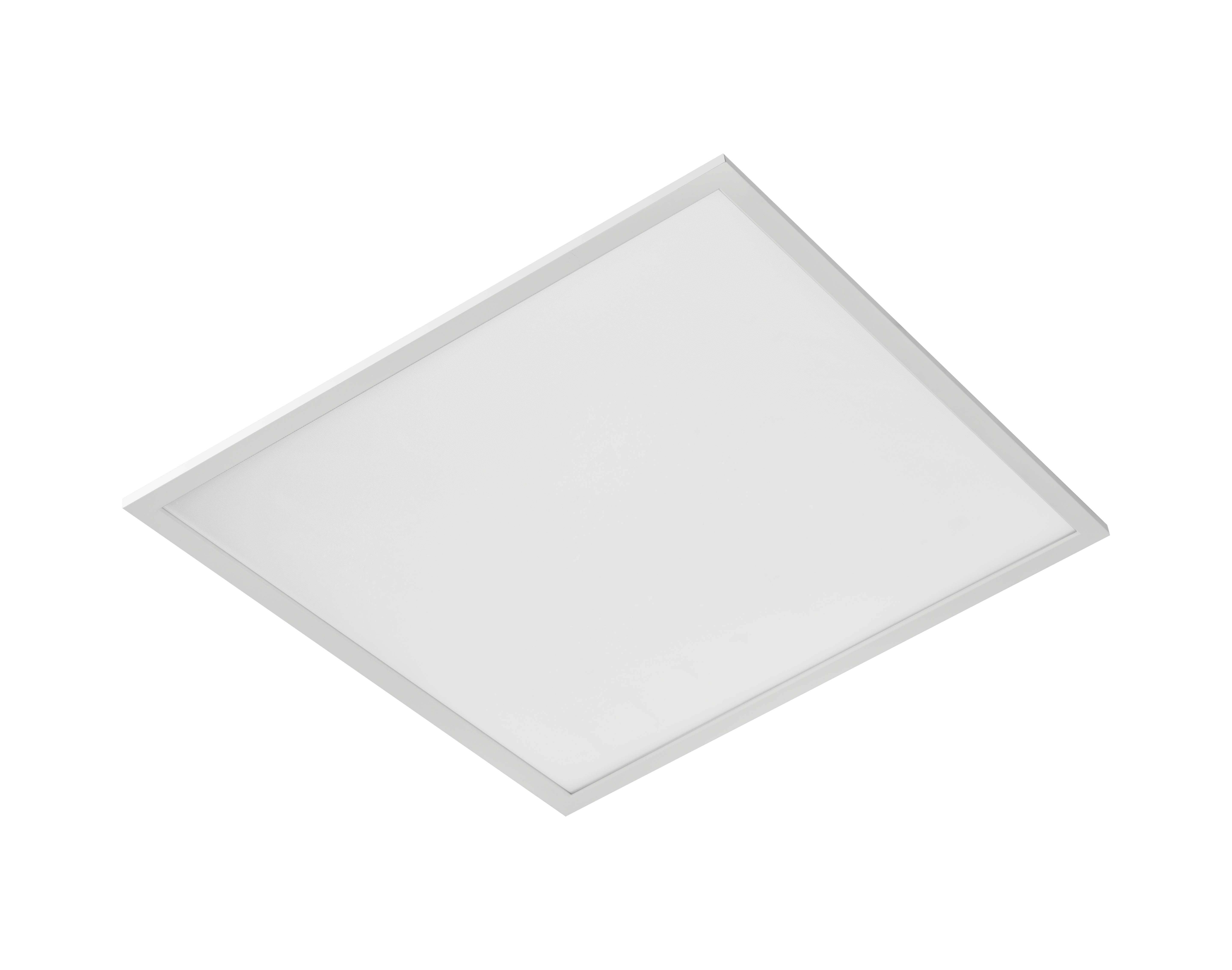 Ein weißes quadratisches LED-Panel vor schwarzem Hintergrund. Es ist schlicht und modern, geeignet für Deckenbeleuchtung.