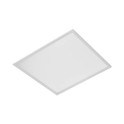 Ein weißes quadratisches LED-Panel vor schwarzem Hintergrund. Es ist schlicht und modern, geeignet für Deckenbeleuchtung.