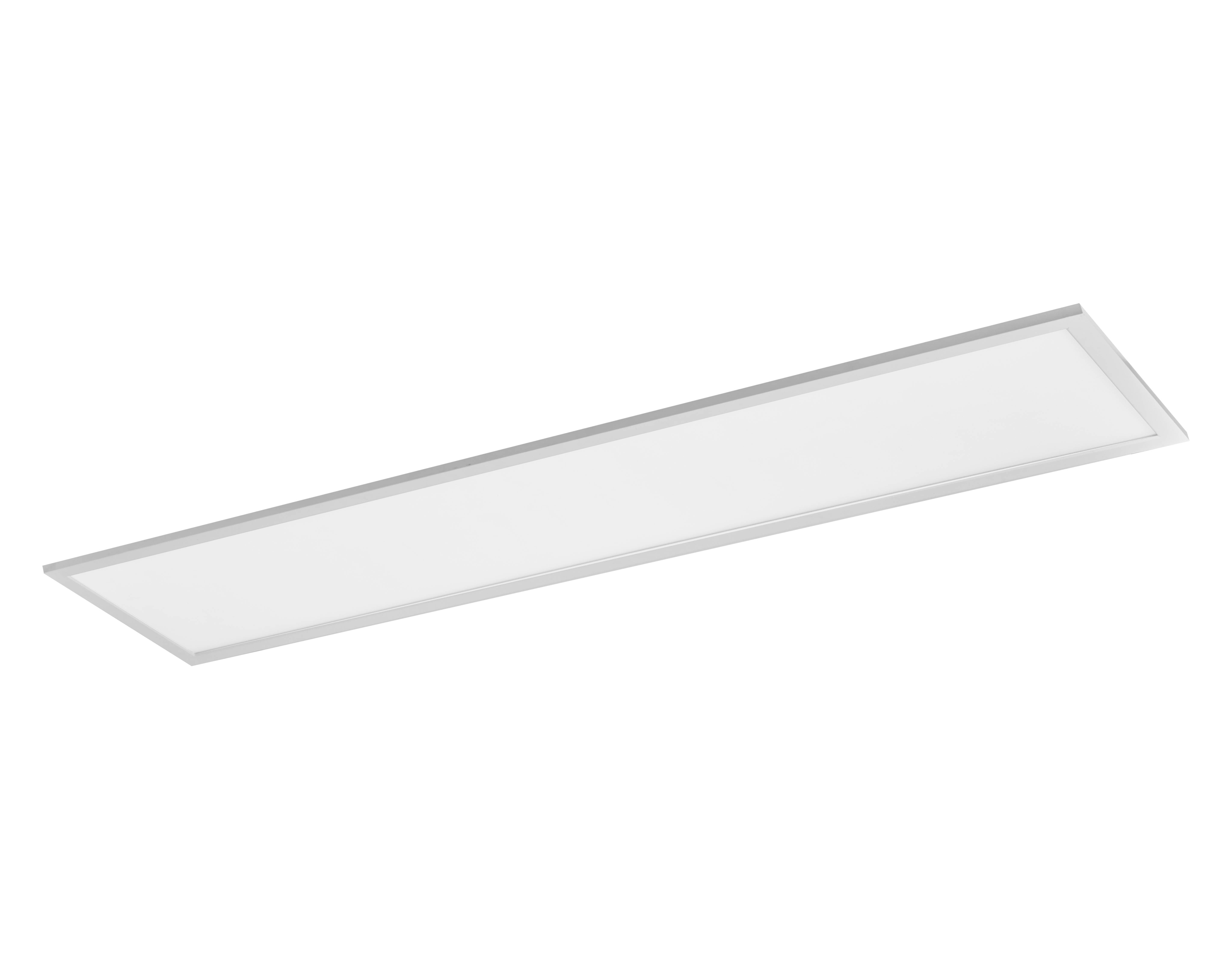 Ein schmaler, rechteckiger LED-Paneellampe mit weißem Rahmen, diagonal platziert auf schwarzem Hintergrund.