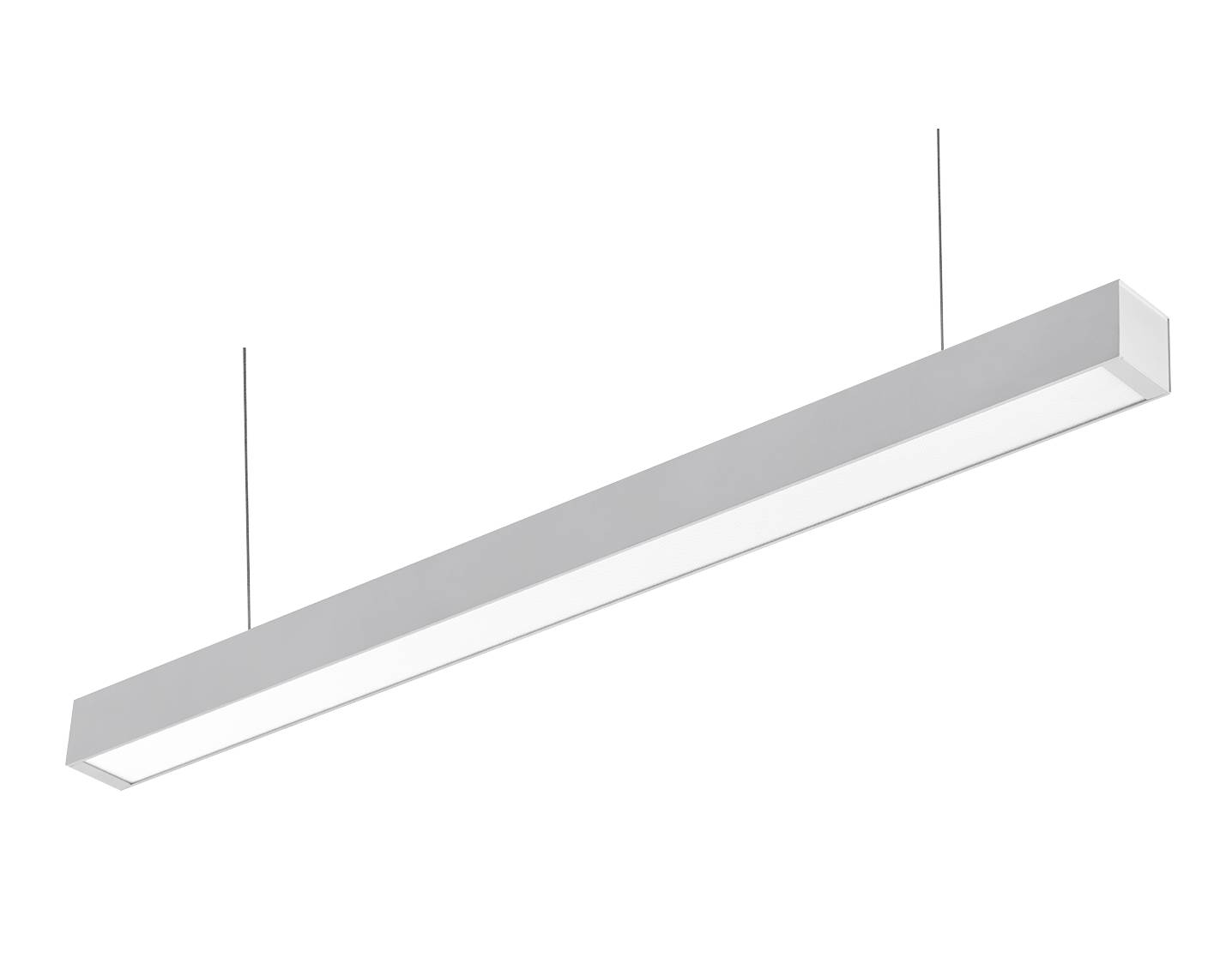 Eine moderne, minimalistische Hängelampe vor schwarzem Hintergrund, mit zwei dünnen Kabeln befestigt.