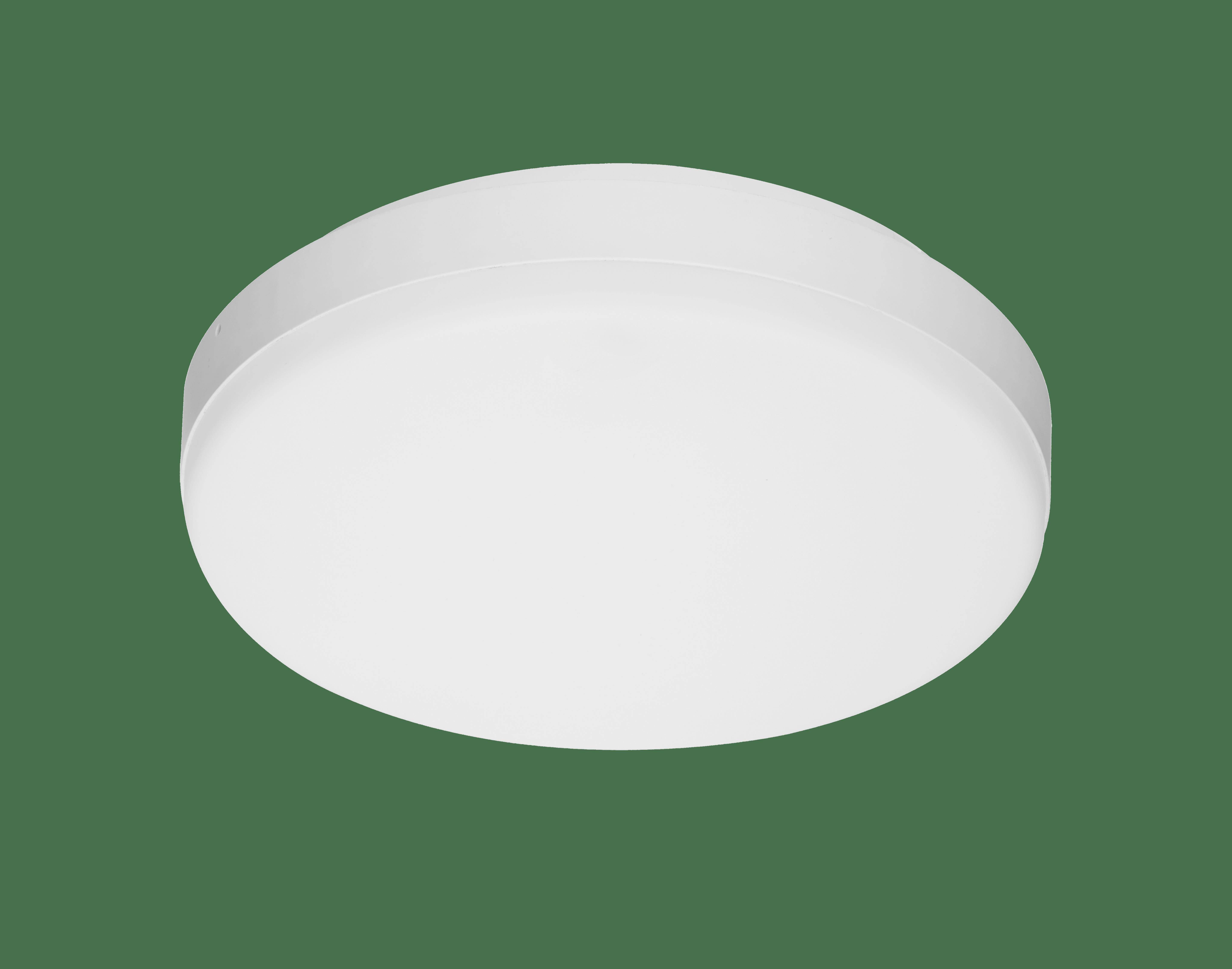 Runde, weiße LED-Deckenleuchte vor grünem Hintergrund. Ideal für moderne, minimalistische Inneneinrichtungen.