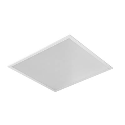 Ein quadratisches, weißes LED-Panel vor schwarzem Hintergrund.