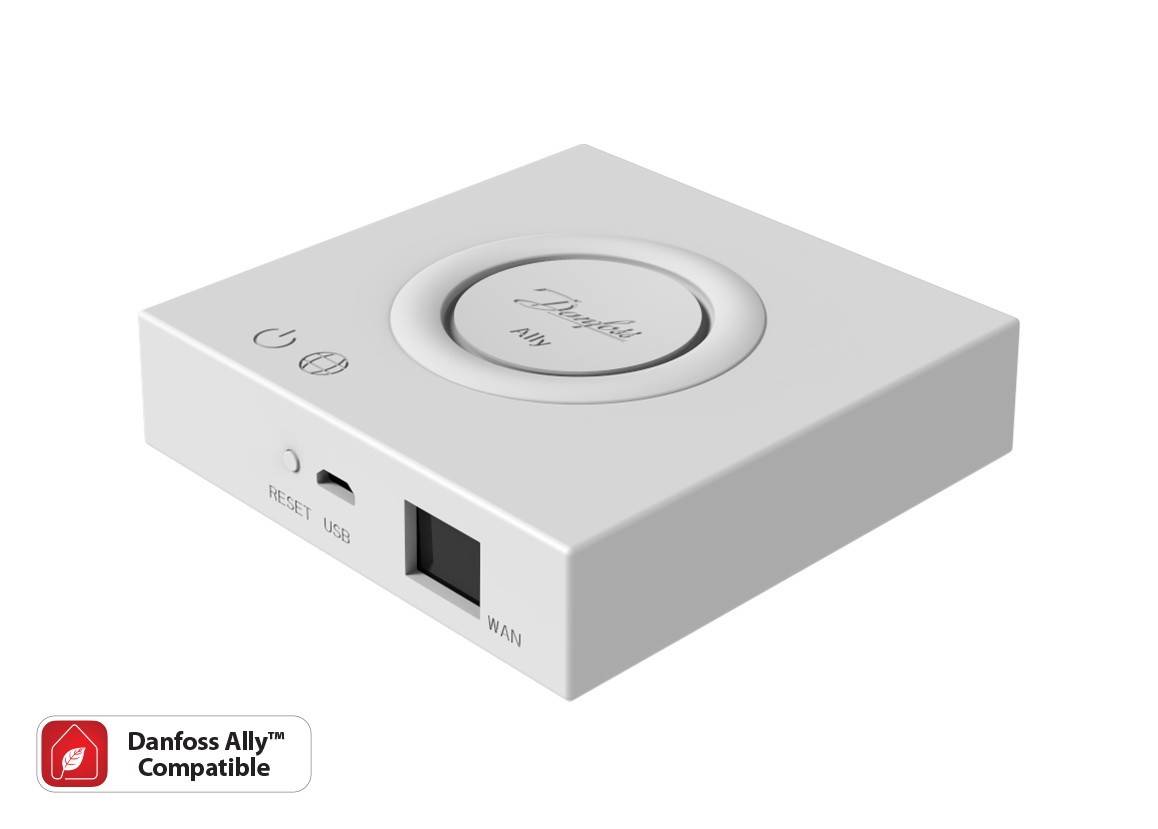 Ein rechteckiges, weißes Elektronikgerät mit Tasten und Anschlüssen; unten links ein Logo mit der Aufschrift 'Danfoss Ally™ Compatible'.