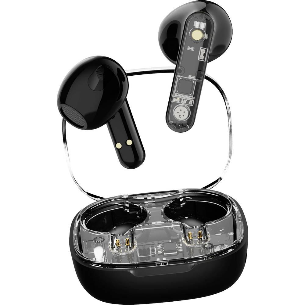 STREETZ T150 In Ear headset Bluetooth Stereo Zwart, Transparant Headset, Oplaadbox, Volumeregeling, 