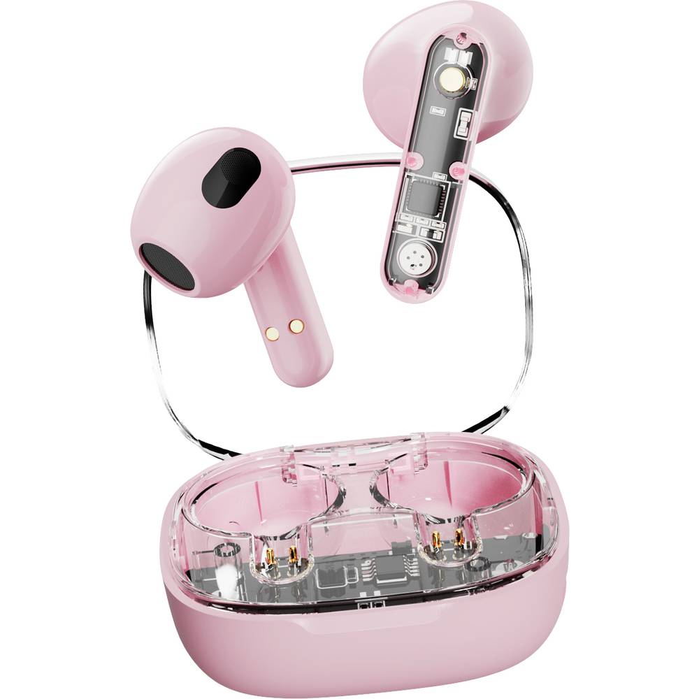 STREETZ T150 In Ear headset Bluetooth Stereo Pink, Transparant Headset, Oplaadbox, Volumeregeling, T