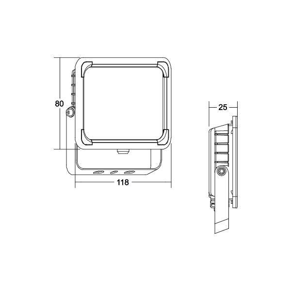 Technische Zeichnung eines quadratischen LED-Flutlichts mit den Maßen 118mm Breite, 80mm Höhe und 25mm Tiefe, inklusive Seitenansicht.
