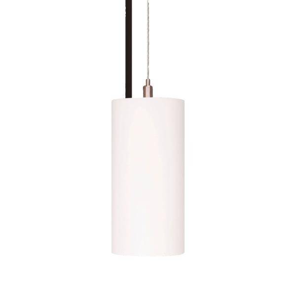 Weiße, zylindrische Hängelampe mit schwarzem Kabel, von oben hängend.