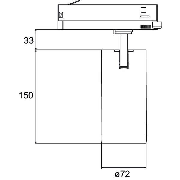 'Technische Zeichnung eines Geräts mit Maßen: Höhe 150 mm, Breite 33 mm, Durchmesser 72 mm. Zeigt Seitenansicht und Einzelteile.'