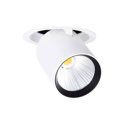 Eine schwenkbare, weiße Einbau-Deckenleuchte mit sichtbarer LED-Birne in einem runden Gehäuse.