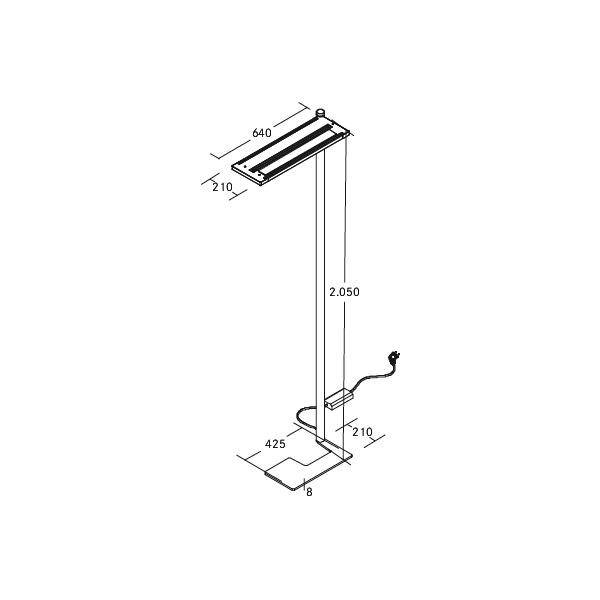 Stehleuchte mit rechteckigem Leuchtenkopf und Sockel. Maße: Höhe 2050 mm, Breite 640 mm, Tiefe 210 mm. Kabel mit Stecker.