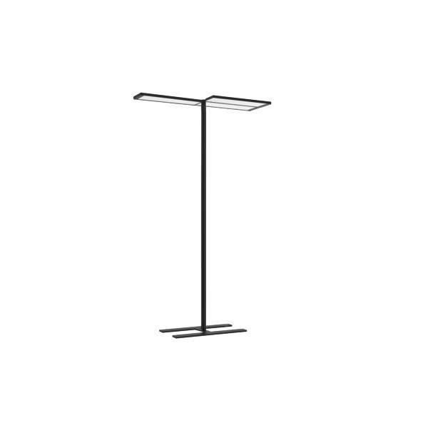 Eine moderne schwarze Stehlampe mit einem minimalistischen, T-förmigen Design. Geeignet für Büros oder Wohnräume.