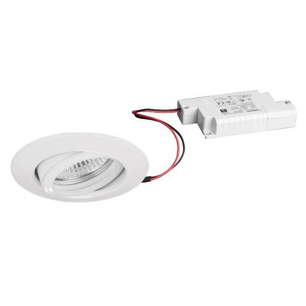 LED-Einbauleuchte mit rundem, weißem Rahmen und externem Treiber; geeignet für Deckenmontage.