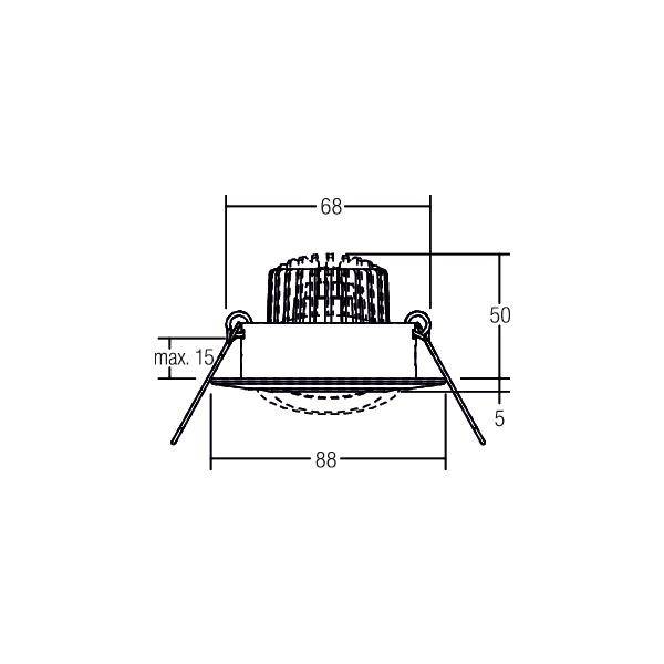 Technische Zeichnung eines Einbaustrahlers mit Maßen: 68 mm Durchmesser, 88 mm Breite, 50 mm Höhe, max. 15 mm Einbautiefe.
