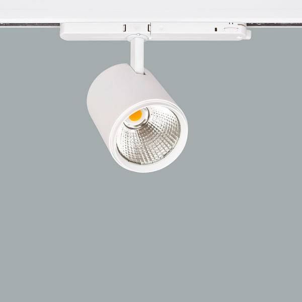 Ein weißer LED-Strahler mit zylindrischem Gehäuse ist an einer Deckenleiste montiert, vor einem grauen Hintergrund.
