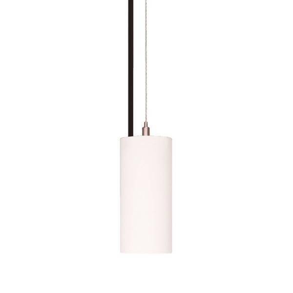 Weiße, zylindrische Hängelampe mit schwarzem Kabel und Metallaufhängung. Minimalistisches Design für moderne Innenräume.