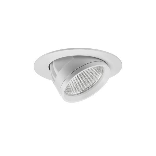 Eine weiße, runde LED-Deckeneinbauleuchte mit kippbarem Spotlicht. Geeignet für gerichtete Beleuchtung.