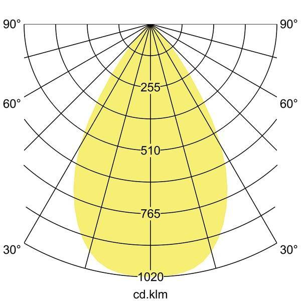 Polarlichtverteilungskurve zeigt Lichtintensität in Candela pro Kilo-Lumen. Höchste Intensität bei 765 cd. Symmetrischer Tropfenform.