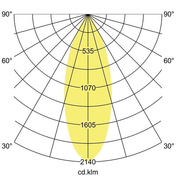 Polardiagramm eines Leuchtmittels, zeigt Verteilung des Lichts in Candela pro Kandelmeter. Maximalwert bei 2140 cd/klm bei 0°.