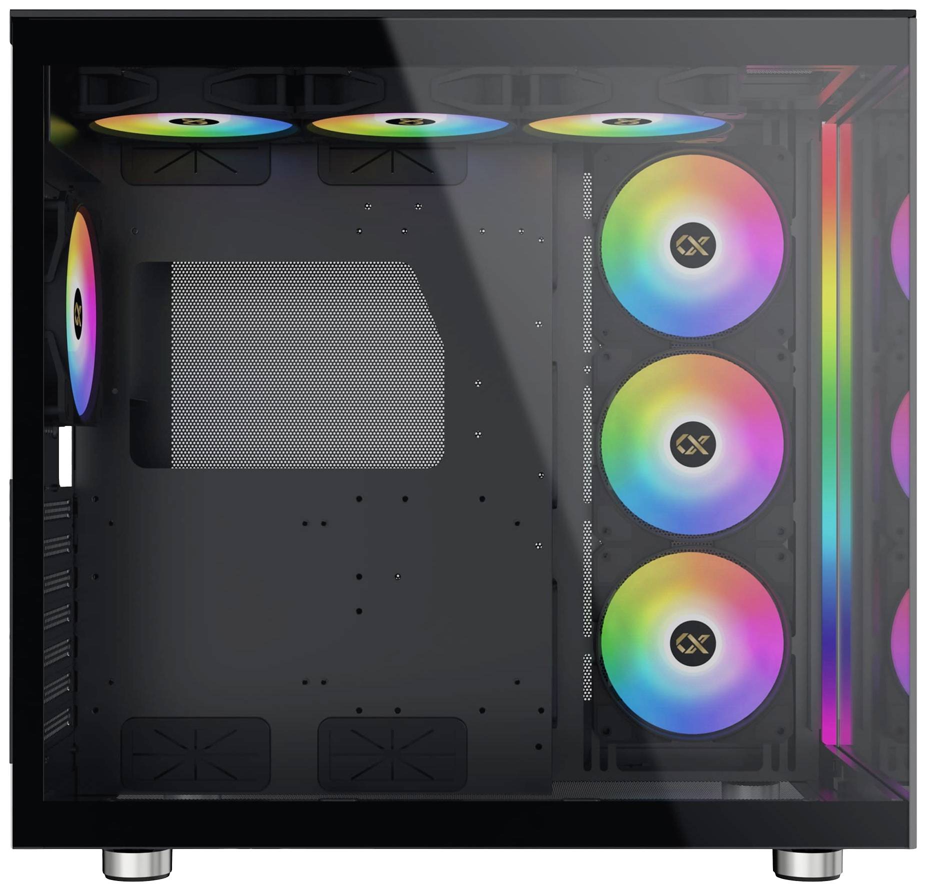Schwarzes PC-Gehäuse mit transparentem Seitenteil, RGB-Lüftern oben und vorne. Keine internen Komponenten sichtbar.
