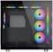 Schwarzes PC-Gehäuse mit transparentem Seitenteil, RGB-Lüftern oben und vorne. Keine internen Komponenten sichtbar.