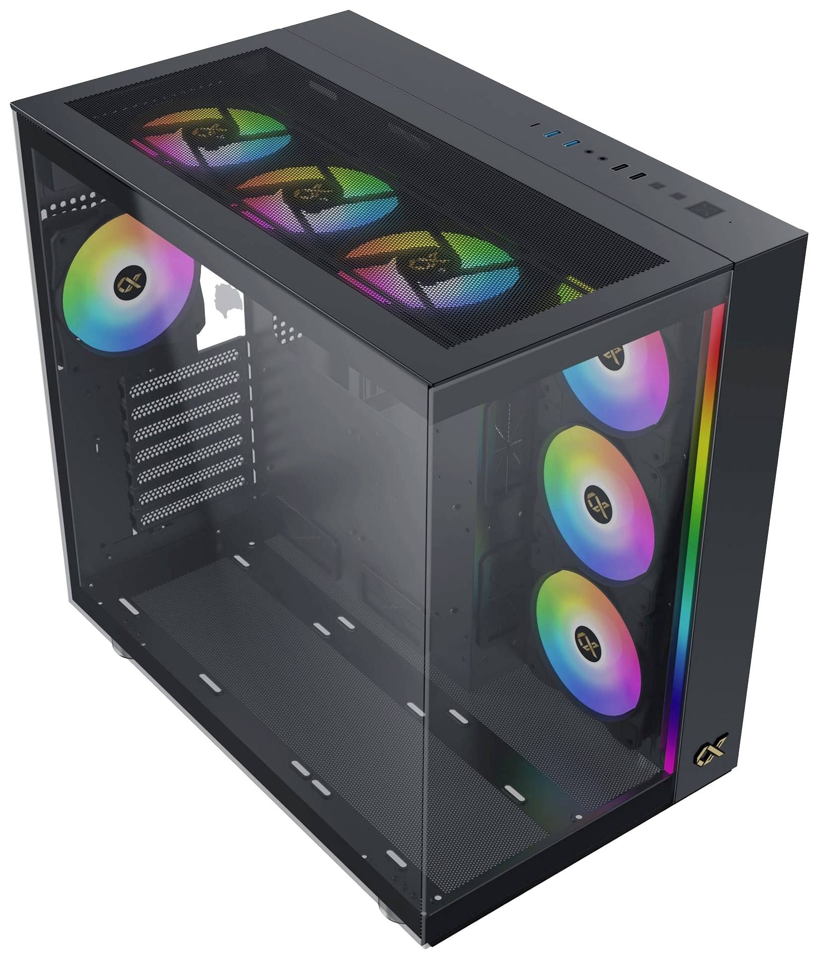PC-Gehäuse mit Glaspanelen zeigt bunte RGB-Lüfter an der Ober- und Vorderseite.