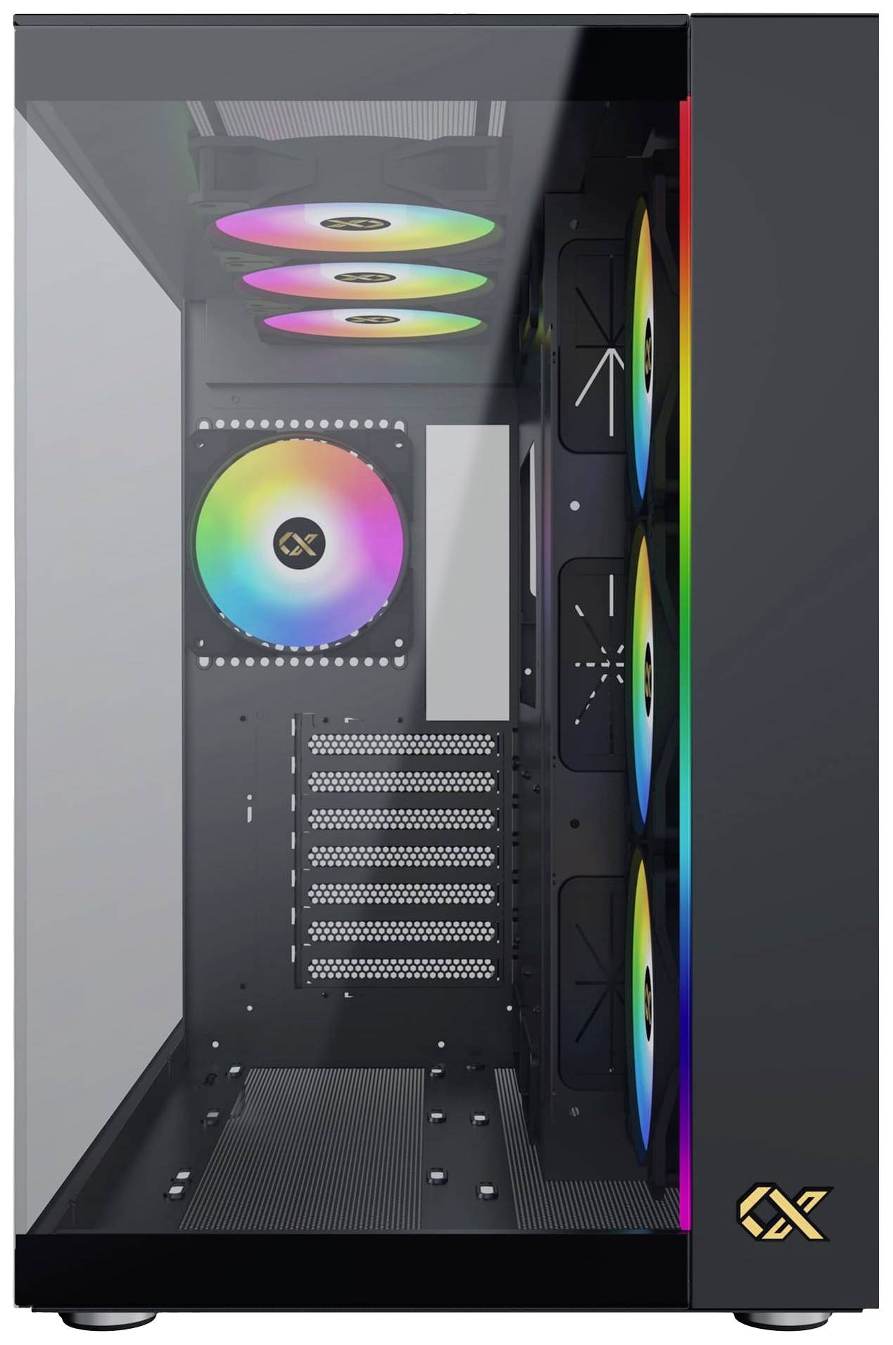 Gehäuse eines Computers mit Glasfront und RGB-beleuchteten Lüftern, die in verschiedenen Farben leuchten.