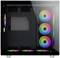 PC-Gehäuse mit Glaspanelen, fünf RGB-Lüftern an der Seite und am Boden. Innenraum leer.