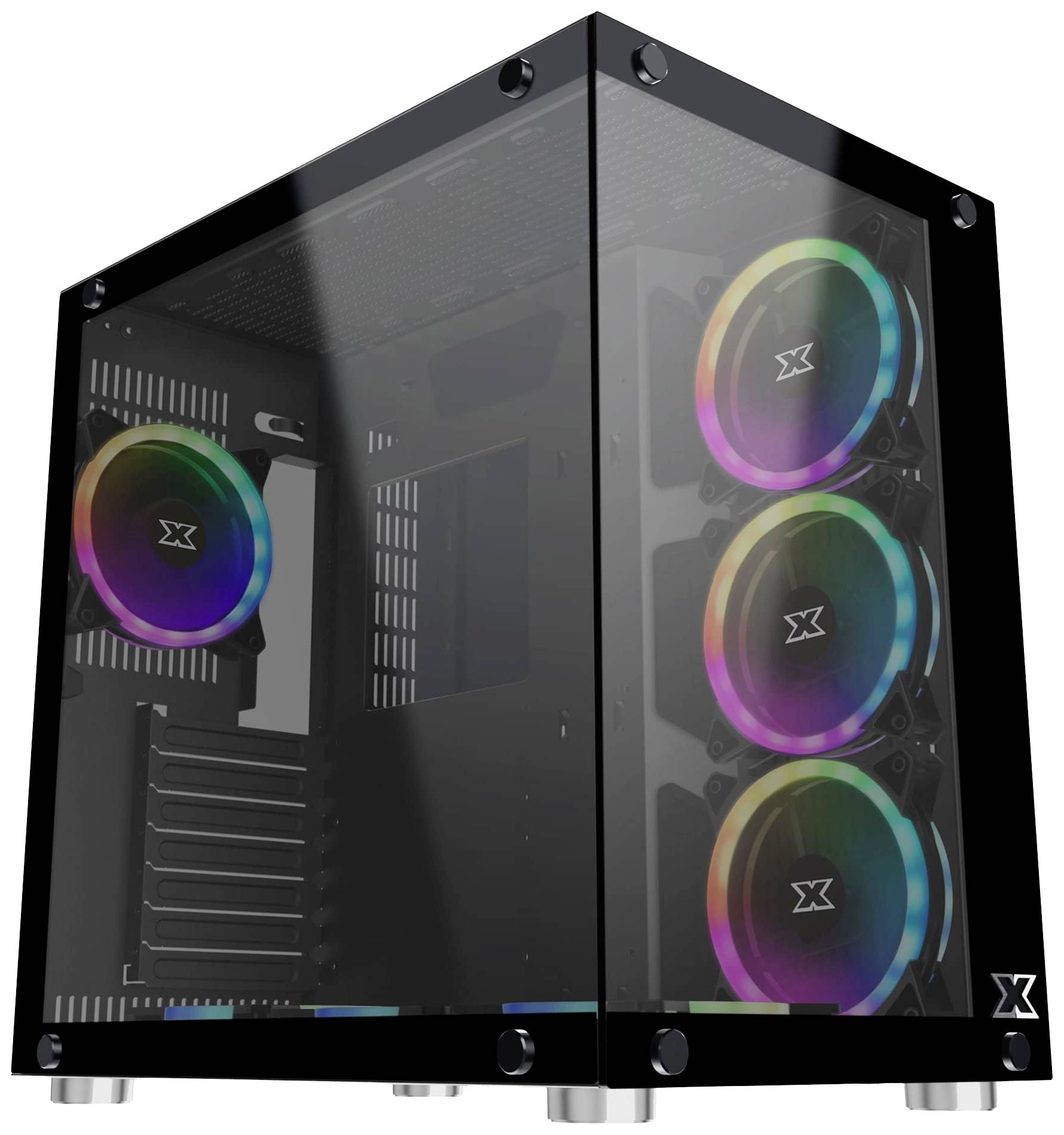 Schwarzes PC-Gehäuse mit transparenten Seitenteilen, vier RGB-Lüfter vorne und an der Seite sichtbar. Lüfter leuchten in verschiedenen Farben.