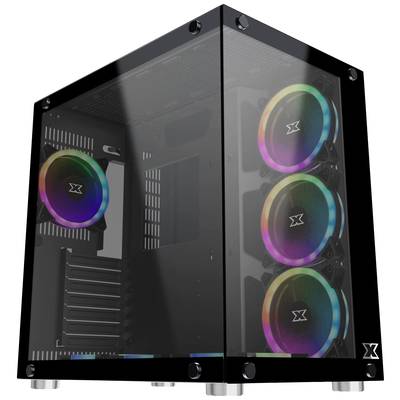 Schwarzes PC-Gehäuse mit transparenten Seitenteilen, vier RGB-Lüfter vorne und an der Seite sichtbar. Lüfter leuchten in verschiedenen Farben.