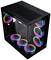 Schwarzer PC-Gehäuse mit Glaswänden, zeigt sechs bunte, leuchtende Lüfter mit RGB-Beleuchtung.