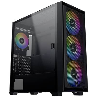 Ein schwarzes PC-Gehäuse mit Glasfenster, enthält bunte LED-Lüfter vorne und einen im Inneren.
