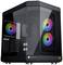 Schwarzes PC-Gehäuse mit Glasfront, zeigt Innenbeleuchtung mit zwei farblich abgestimmten Lüftern, leuchtet in Regenbogenfarben.