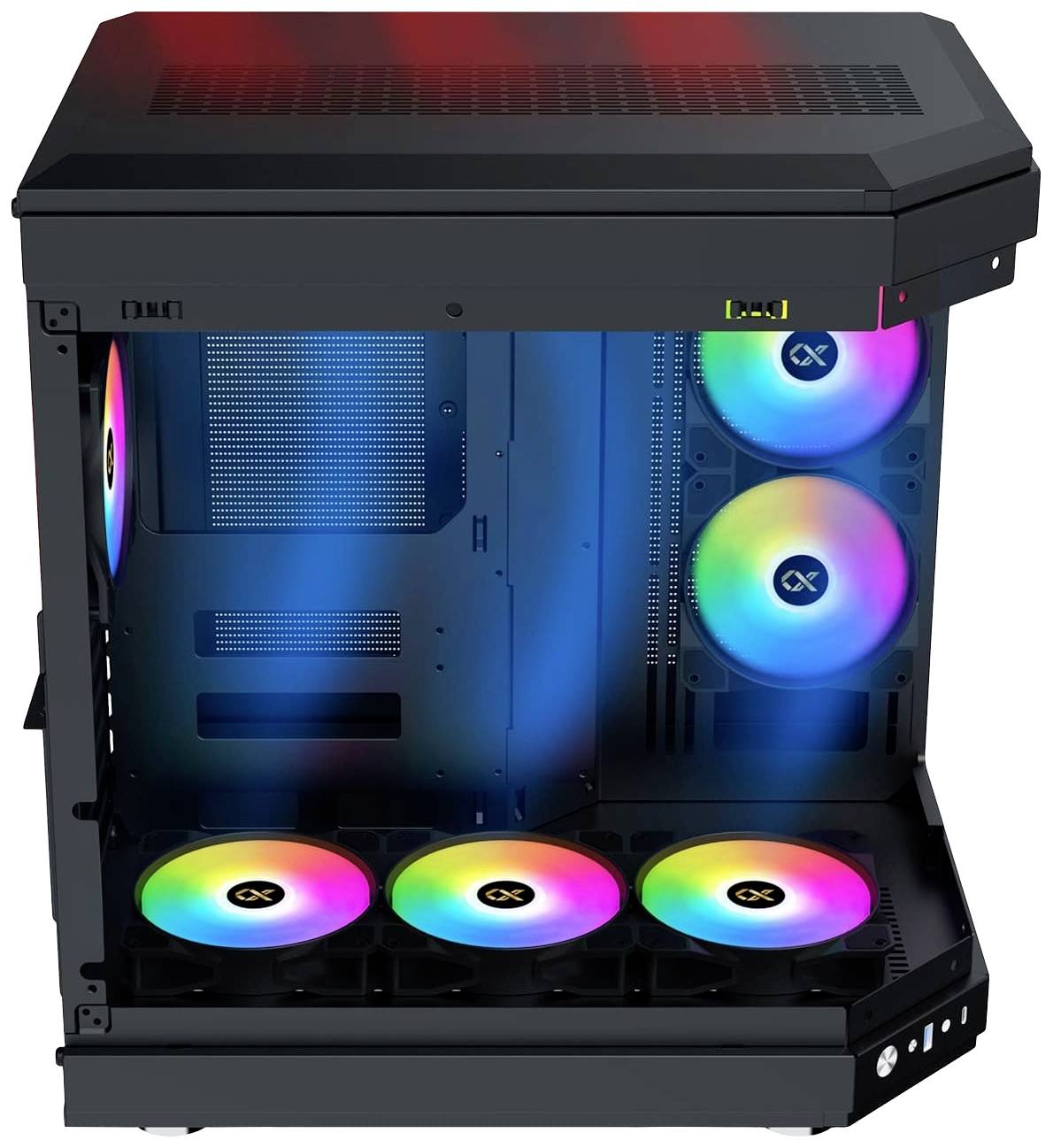 Schwarzes Computergehäuse mit transparentem Panel zeigt bunte RGB-Lüfter. Drei Lüfter an der Vorderseite, zwei unten.