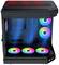 Schwarzes Computergehäuse mit transparentem Panel zeigt bunte RGB-Lüfter. Drei Lüfter an der Vorderseite, zwei unten.