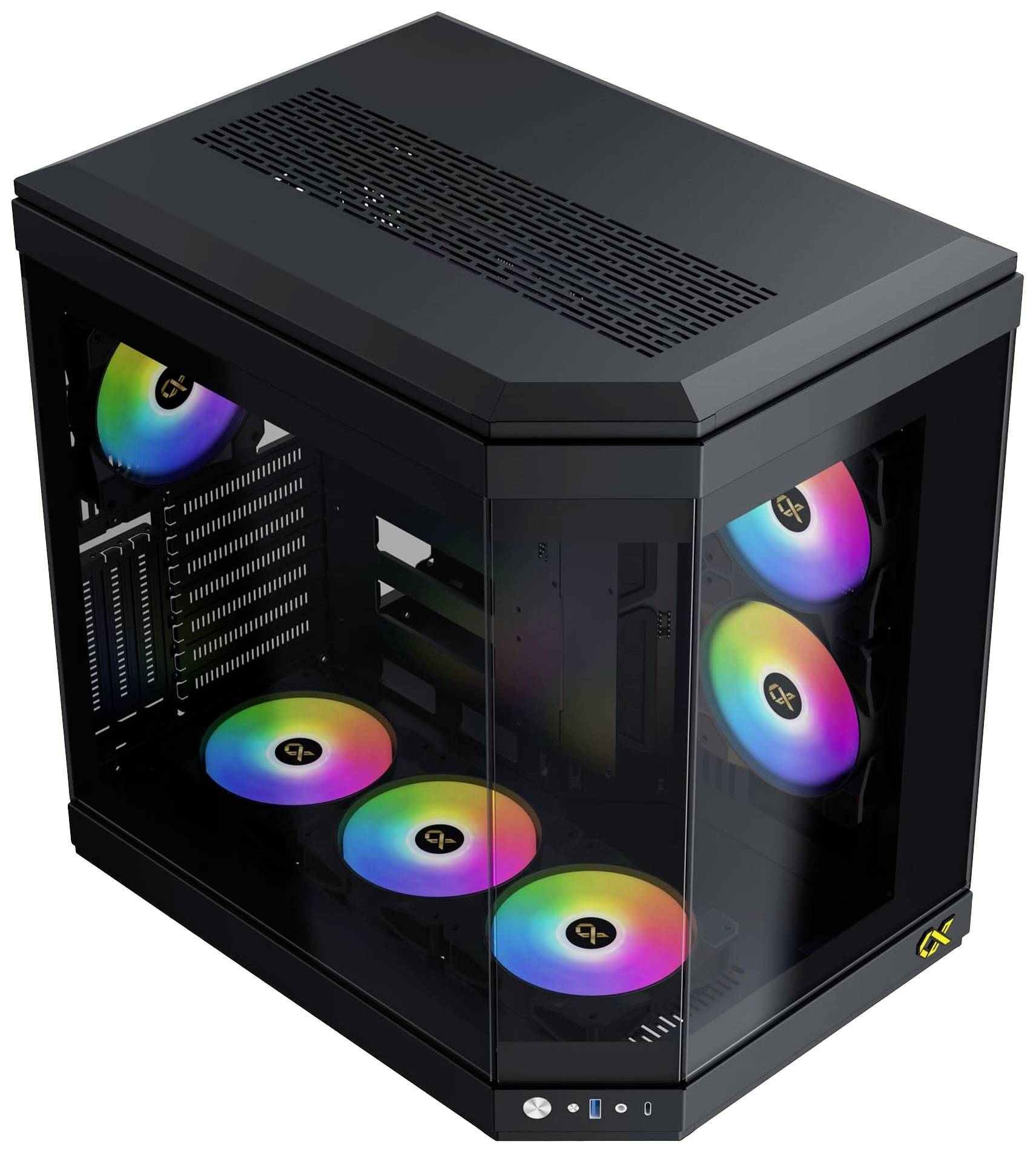 Schwarzes PC-Gehäuse mit transparenten Seiten, zeigt bunte LED-Lüfter im Inneren.