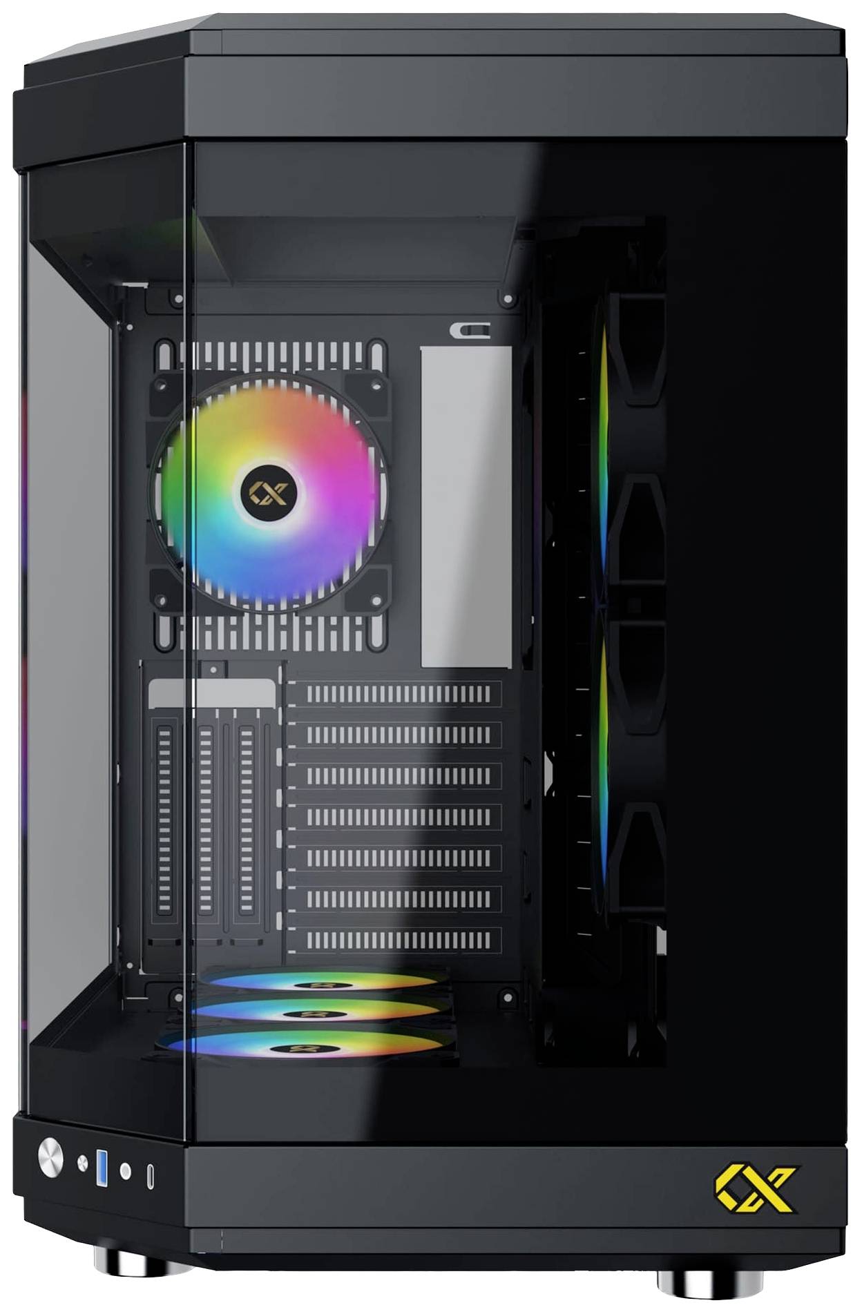 Ein schwarzes Computergehäuse mit transparentem Fenster zeigt farbenfrohe LED-Lüfter im Inneren. Ideal für Gaming-PCs.