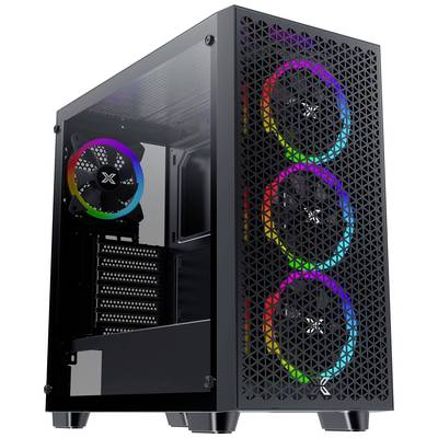 Ein schwarzes Computergehäuse mit durchsichtigem Seitenteil zeigt bunte LED-Lüfter an der Vorderseite und einen an der Rückseite.